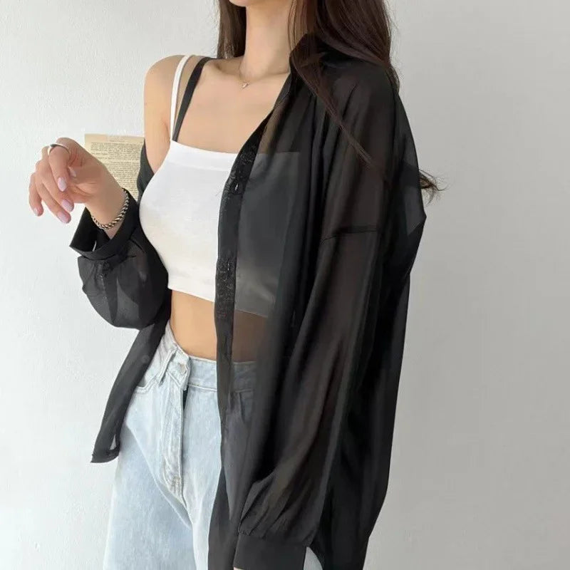 Camicia Donna Estiva Oversize Trasparente Tinta Unita Casual