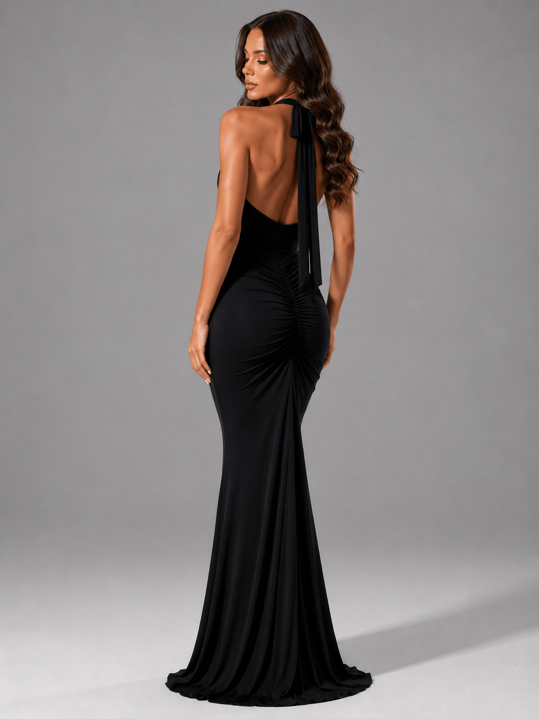 Abito Lungo Donna Sera Halter, Aderente, Arricciato, Formale