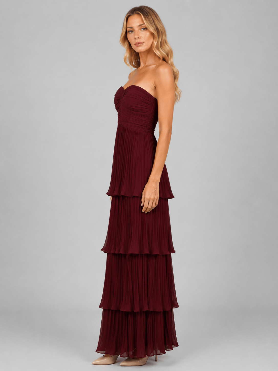 Abito Lungo Donna Bordeaux Autunnale, Senza Spalline, Balze