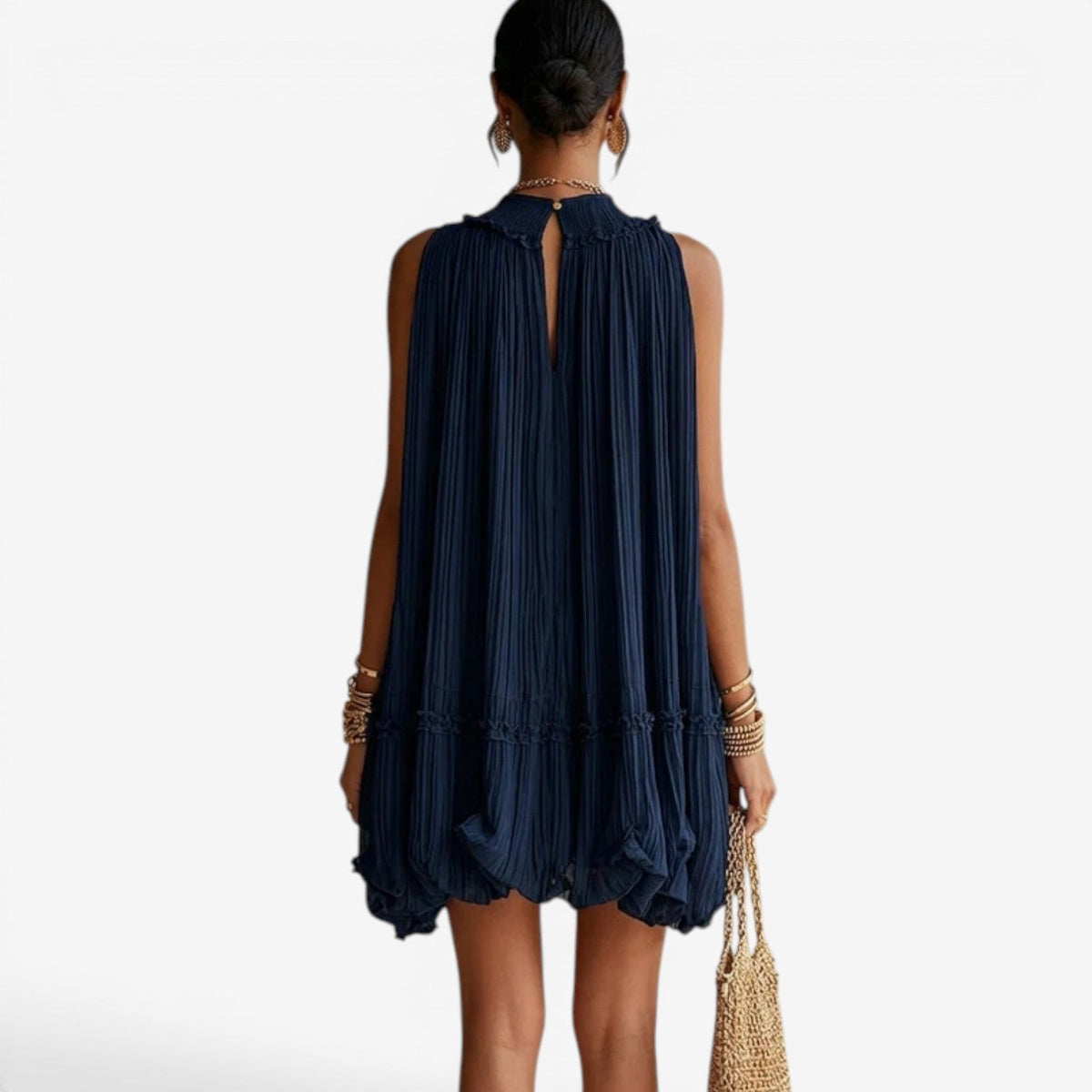 Abito Midi Donna in Chiffon Plissé con Pizzo e Orlo Asimmetrico