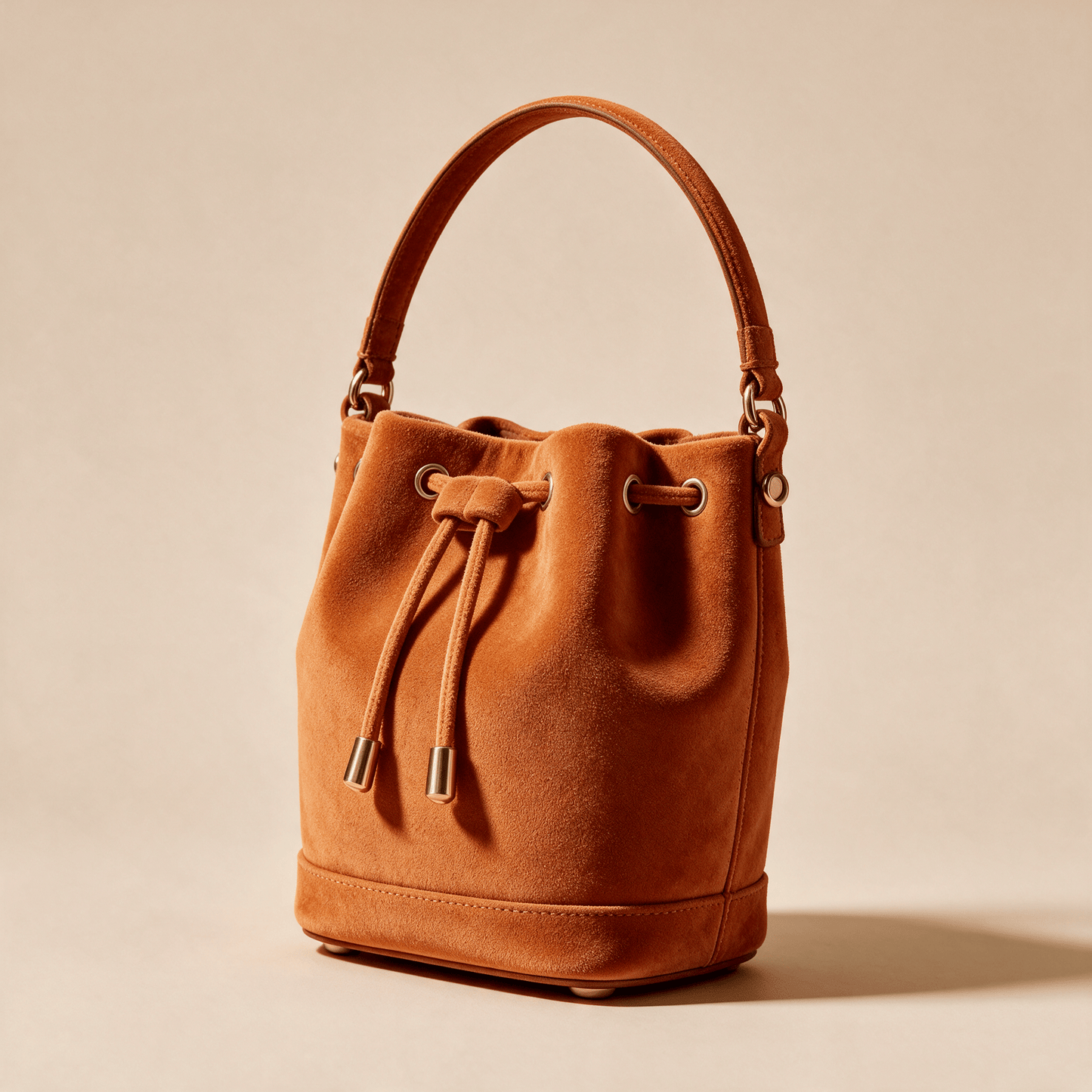 Borsa a Secchiello Savellini Luna in Camoscio Vegano — Arancio Sicilia, vista diagonale sinistra, borsa da donna in materiale vegano.