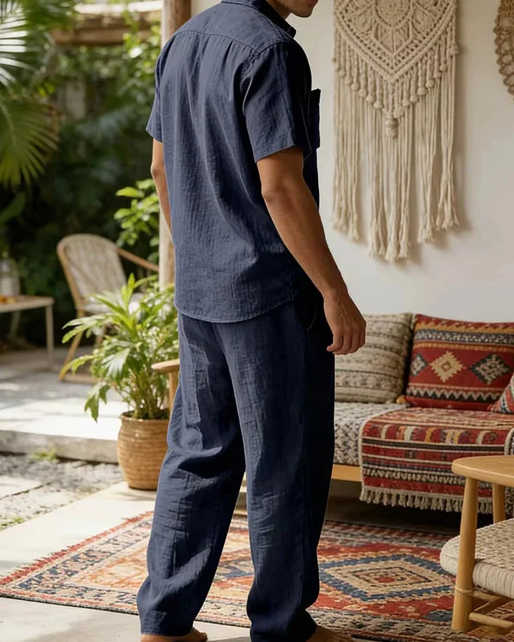 Blue Men's Summer Set Short Sleeve Shirt Wide Leg Trousers — Lino Conti