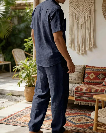 Blue Men's Summer Set Short Sleeve Shirt Wide Leg Trousers — Lino Conti
