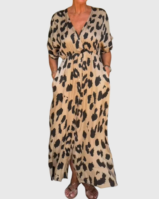 Vestito Lungo Animalier Donna con Scollo a V e Tasche