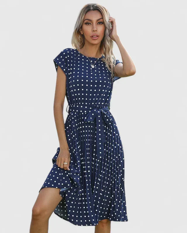 Abito Midi Donna a Pois con Maniche Corte e Laccio in Vita