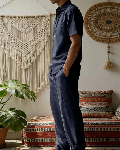 Blue Men's Summer Set Short Sleeve Shirt Wide Leg Trousers — Lino Conti