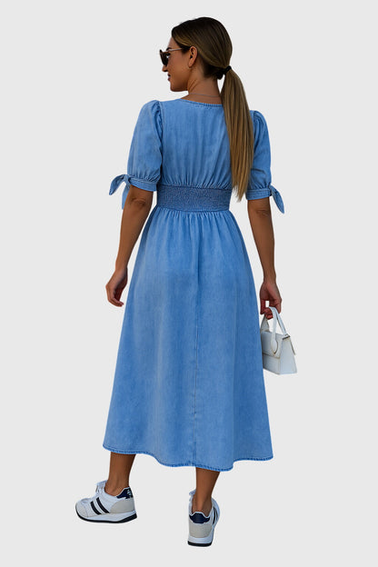 Abito Midi Donna con Scollo a V, Bottoni e Vita Arricciata