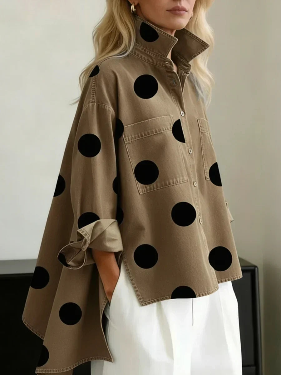 Camicia Donna a Pois Grandi con Bottoni e Tasche sul Petto