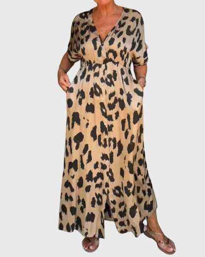 Vestito Lungo Animalier Donna con Scollo a V e Tasche