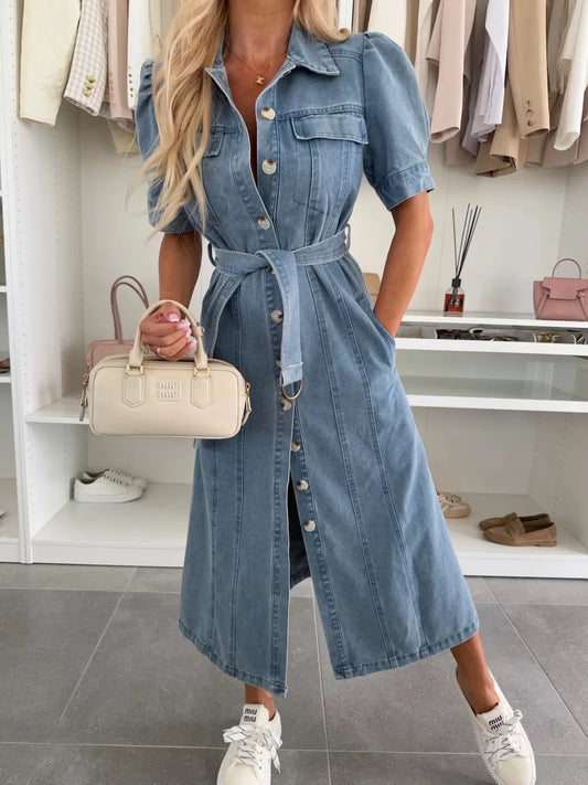 Abito Lungo Donna in Denim con Maniche — vista frontale