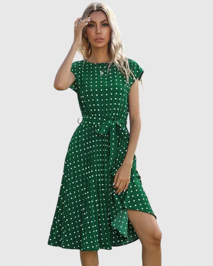 Abito Midi Donna a Pois con Maniche Corte e Laccio in Vita