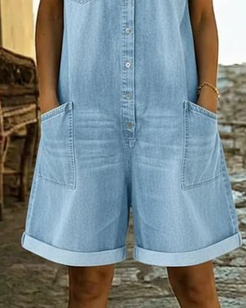 Pagliaccetto Donna in Denim con Bottoni e Tasche Applicate