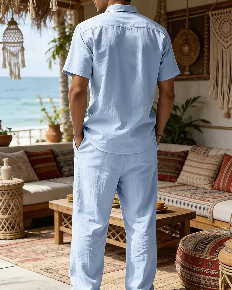 Beige Men's Summer Set Short Sleeve Shirt Wide Leg Trousers — Lino Conti