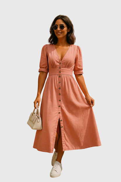 Abito Midi Donna con Scollo a V, Bottoni e Vita Arricciata