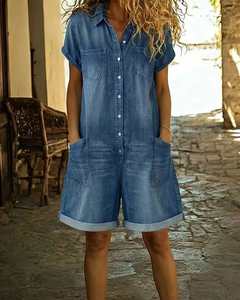 Pagliaccetto Donna in Denim con Bottoni e Tasche Applicate