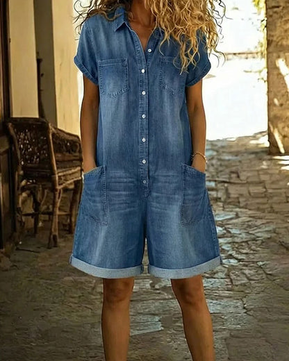 Pagliaccetto Donna in Denim con Bottoni e Tasche Applicate