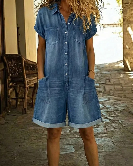 Pagliaccetto Donna in Denim con Bottoni e Tasche Applicate