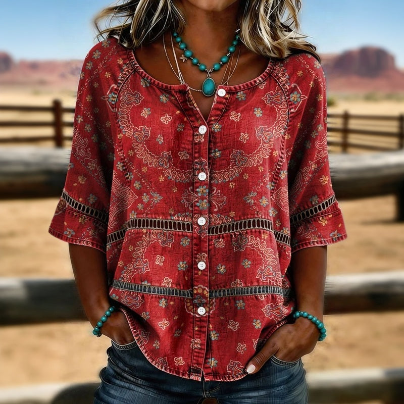 Blusa Donna Boho con Stampa, Bottoni Frontali e Bordo Decorativo