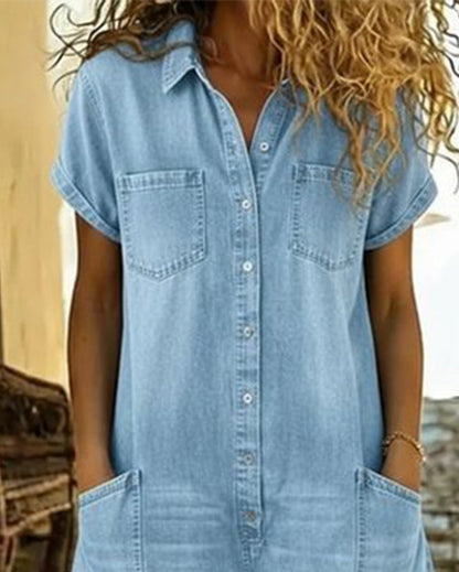 Pagliaccetto Donna in Denim con Bottoni e Tasche Applicate