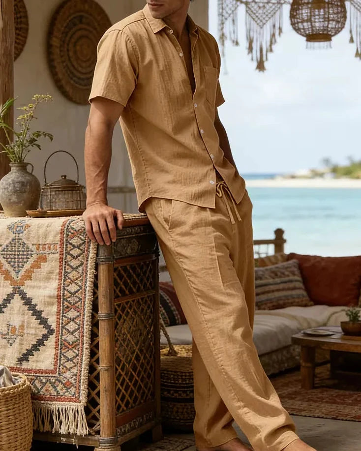 Green Men's Summer Set Short Sleeve Shirt Wide Leg Trousers — Lino Conti