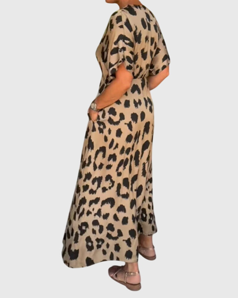 Vestito Lungo Animalier Donna con Scollo a V e Tasche