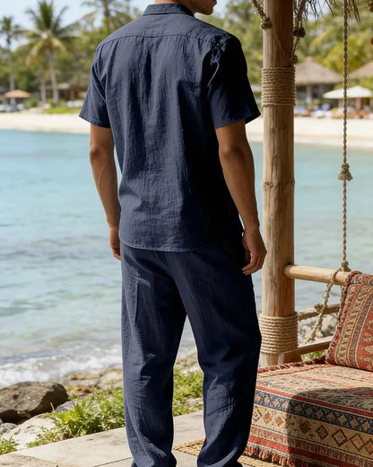 Blue Men's Summer Set Short Sleeve Shirt Wide Leg Trousers — Lino Conti