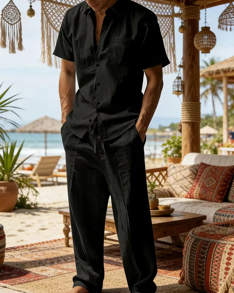 Black Men's Summer Set Short Sleeve Shirt Wide Leg Trousers — Lino Conti