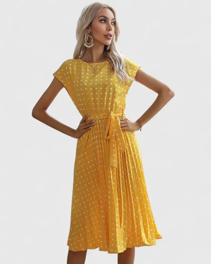 Abito Midi Donna a Pois con Maniche Corte e Laccio in Vita
