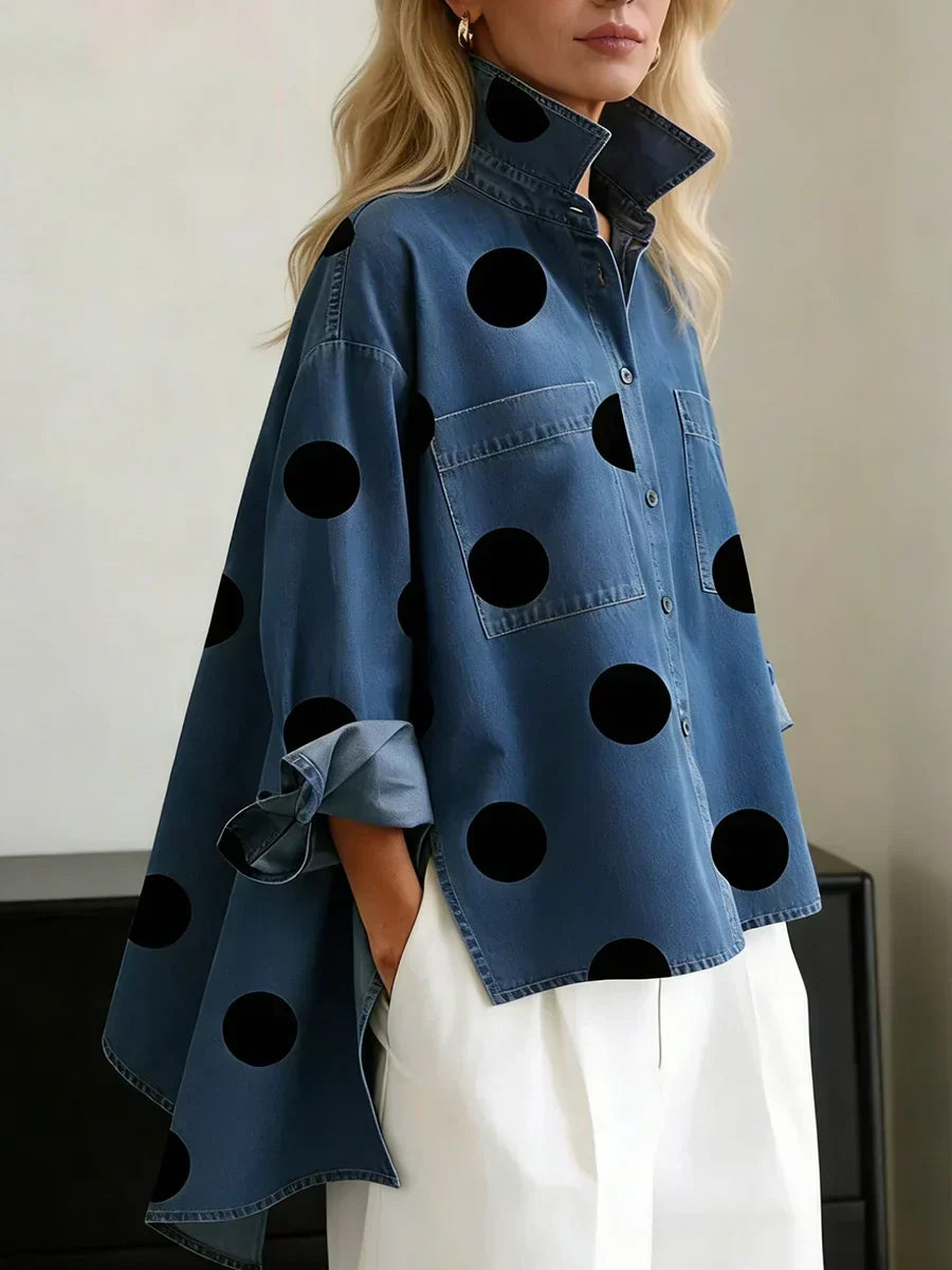 Camicia Donna a Pois Grandi con Bottoni e Tasche sul Petto