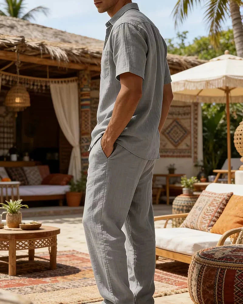 Grey Men's Summer Set Short Sleeve Shirt Wide Leg Trousers — Lino Conti