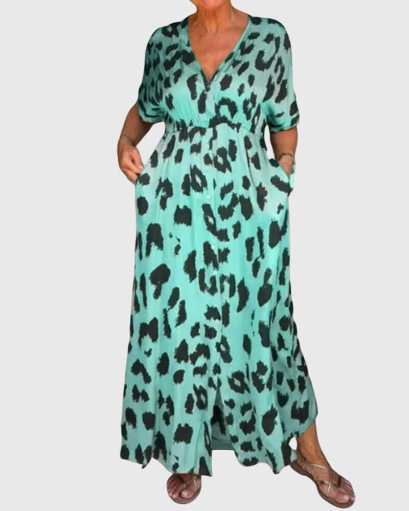 Vestito Lungo Animalier Donna con Scollo a V e Tasche