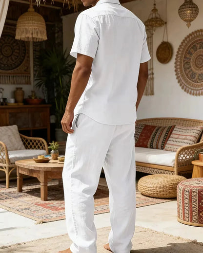 White Men's Summer Set Short Sleeve Shirt Wide Leg Trousers — Lino Conti