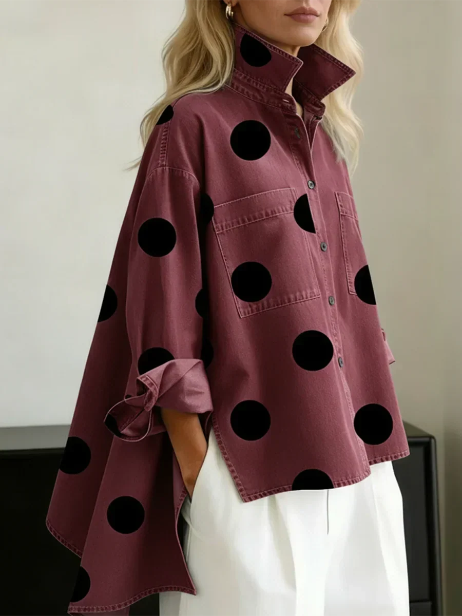 Camicia Donna a Pois Grandi con Bottoni e Tasche sul Petto