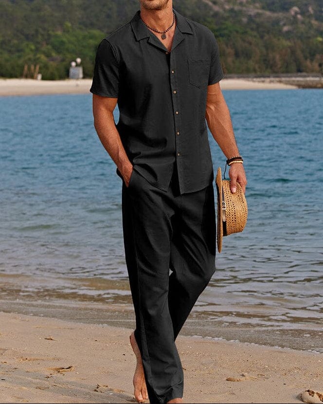 Black Men's Summer Set Short Sleeve Shirt and Trousers Coordinated — Lino Conti