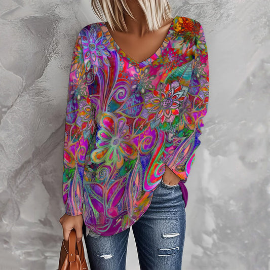 Blusa Donna Floreale con Scollo a V Rilassata