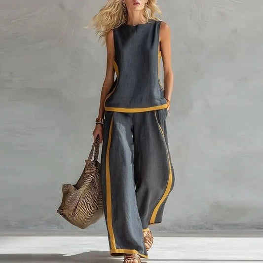 Completo Donna Top Smanicato e Pantaloni Vita Alta — vista frontale