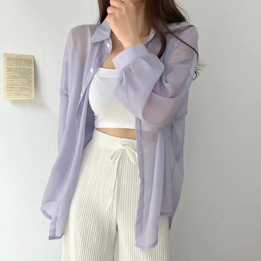 Camicia Donna Estiva Oversize Trasparente Tinta Unita Casual