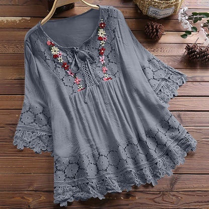 Blusa Donna Lavinella in Pizzo con Maniche a Sbuffo e Ricamo