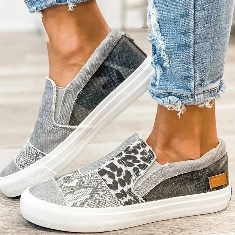 Sneakers Donna Comode Slip-On Platform in Tela Animalier