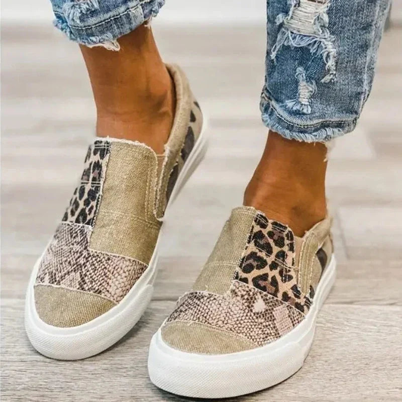 Sneakers Donna Comode Slip-On Platform in Tela Animalier