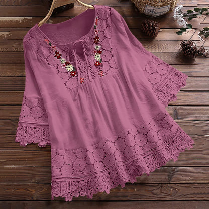 Blusa Donna Lavinella in Pizzo con Maniche a Sbuffo e Ricamo