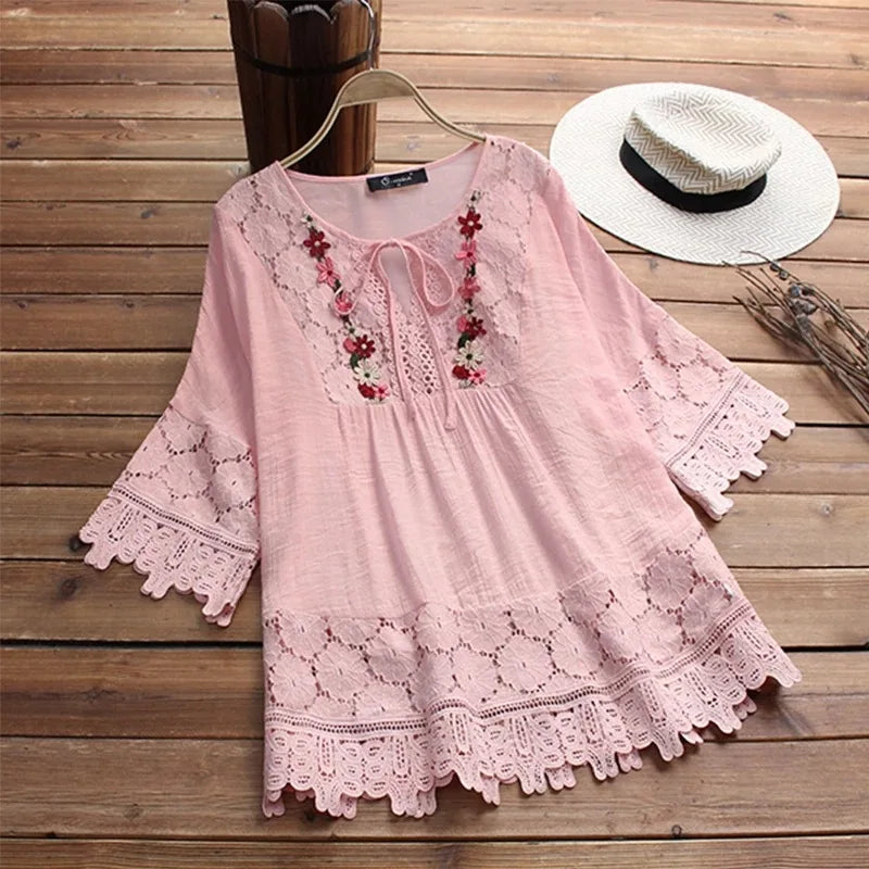 Blusa Donna Lavinella in Pizzo con Maniche a Sbuffo e Ricamo