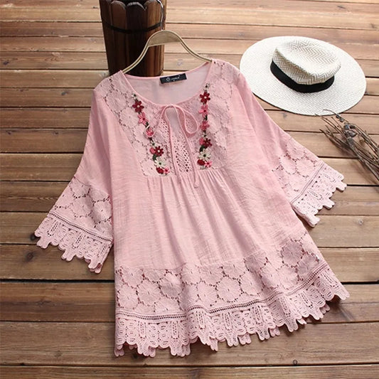 Blusa Donna Lavinella in Pizzo con Maniche a Sbuffo e Ricamo
