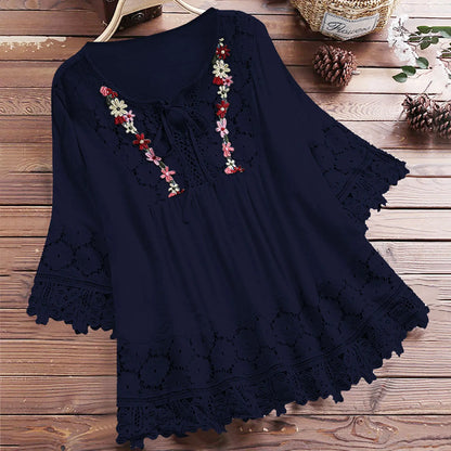 Blusa Donna Lavinella in Pizzo con Maniche a Sbuffo e Ricamo
