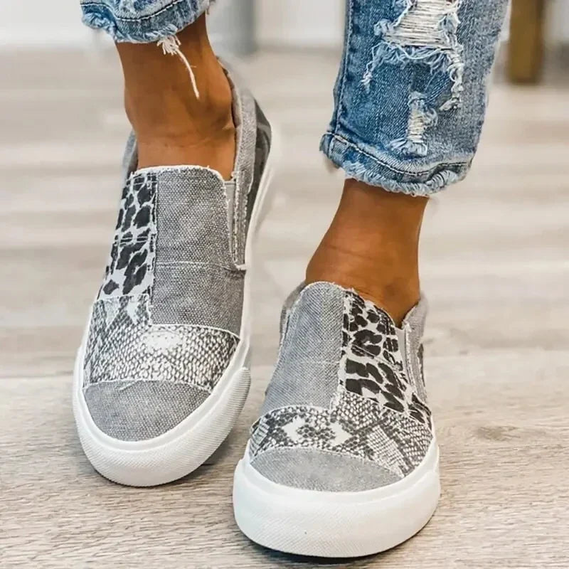 Sneakers Donna Comode Slip-On Platform in Tela Animalier