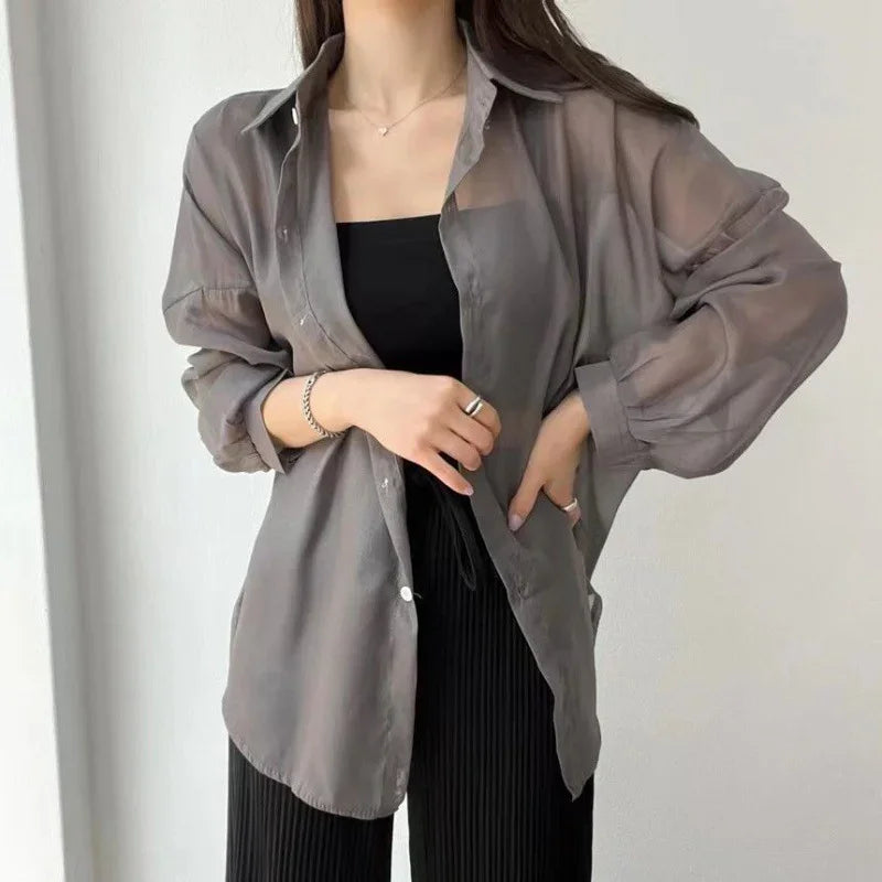 Camicia Donna Estiva Oversize Trasparente Tinta Unita Casual