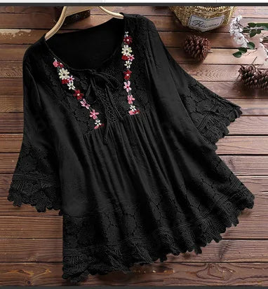 Blusa Donna Lavinella in Pizzo con Maniche a Sbuffo e Ricamo