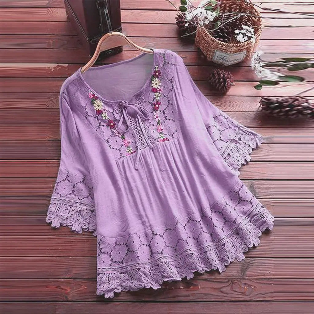 Blusa Donna Lavinella in Pizzo con Maniche a Sbuffo e Ricamo