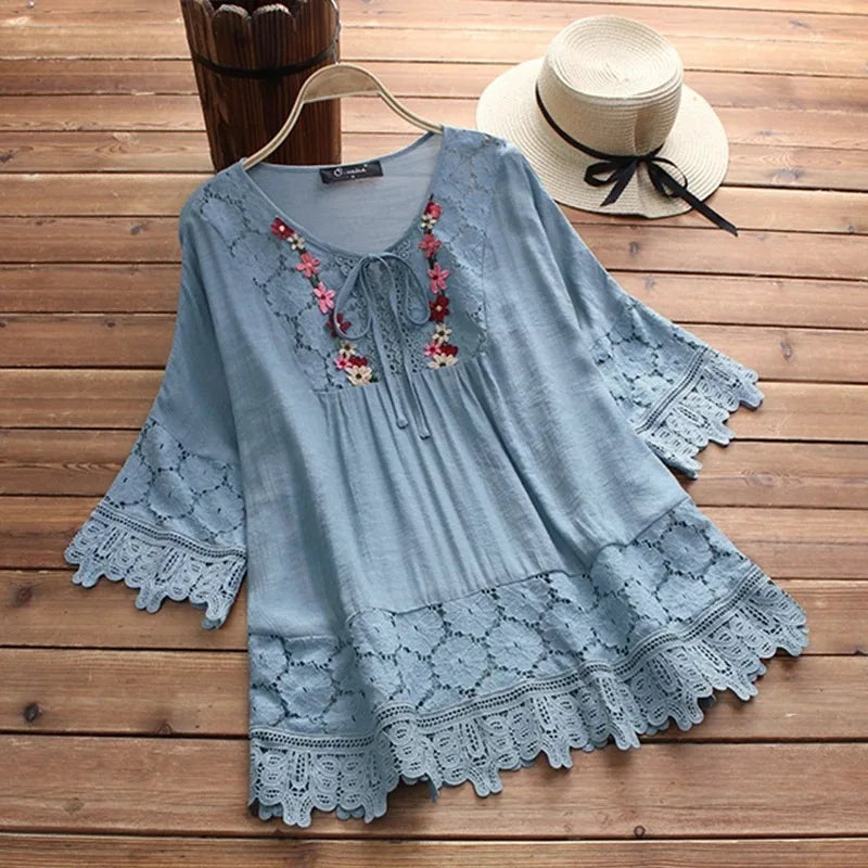 Blusa Donna Lavinella in Pizzo con Maniche a Sbuffo e Ricamo