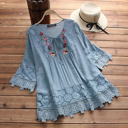 Blusa Donna Lavinella in Pizzo con Maniche a Sbuffo e Ricamo